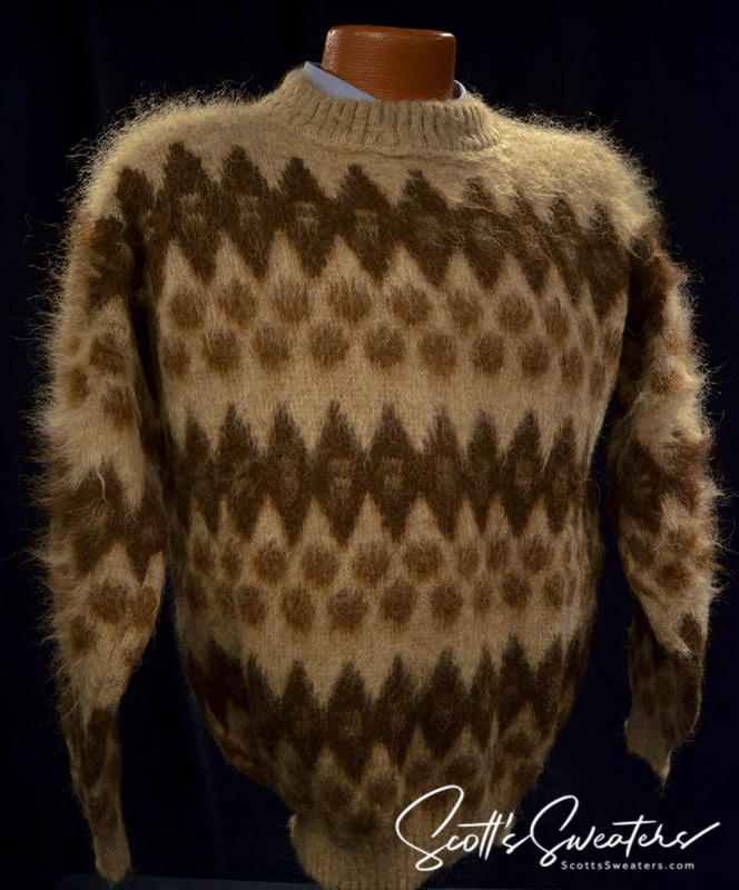 Men's retro Icelandic wool crewneck sweater in light brown with brown geometric pattern by Hekla Knitting Mill