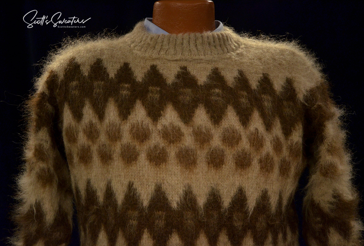 Men's retro light-brown Icelandic wool crewneck sweater with brown geometric pattern by Hekla Knitting Mill