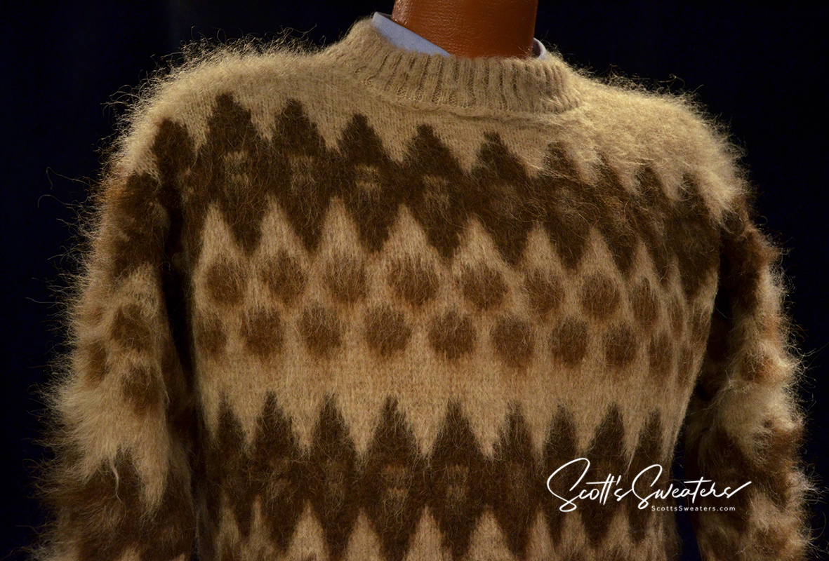Men's retro Icelandic wool crewneck sweater in light brown with brown geometric design by Hekla Knitting Mill