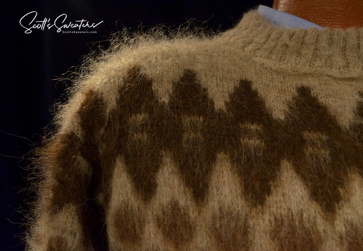 Light-brown men's retro Icelandic wool crewneck sweater with thick fuzzy texture and brown geometric design by Hekla Knitting Mill.