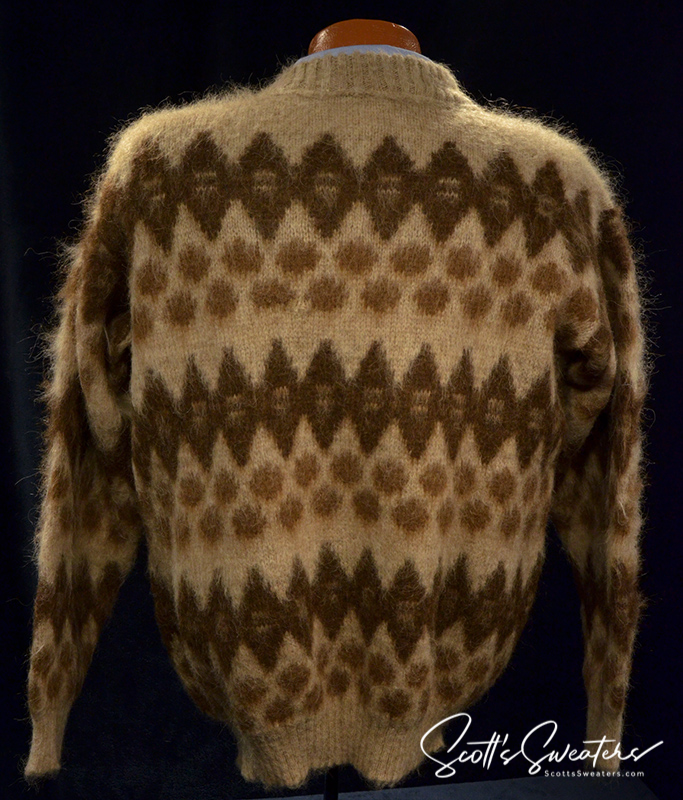 Men's retro Icelandic wool crewneck sweater in light brown with brown geometric pattern by Hekla Knitting Mill