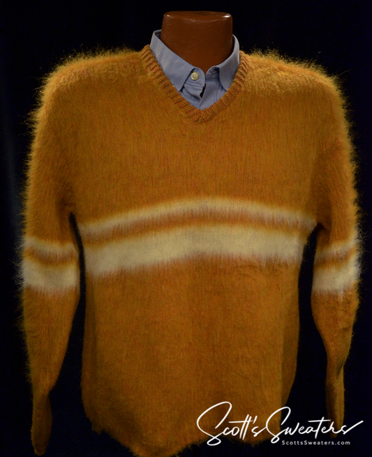Golden retro classic mohair V-neck sweater with white horizontal stripes in small size
