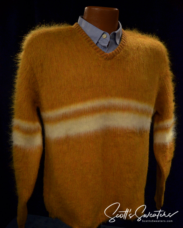 Golden retro classic brushed mohair V-neck sweater with white horizontal stripes.