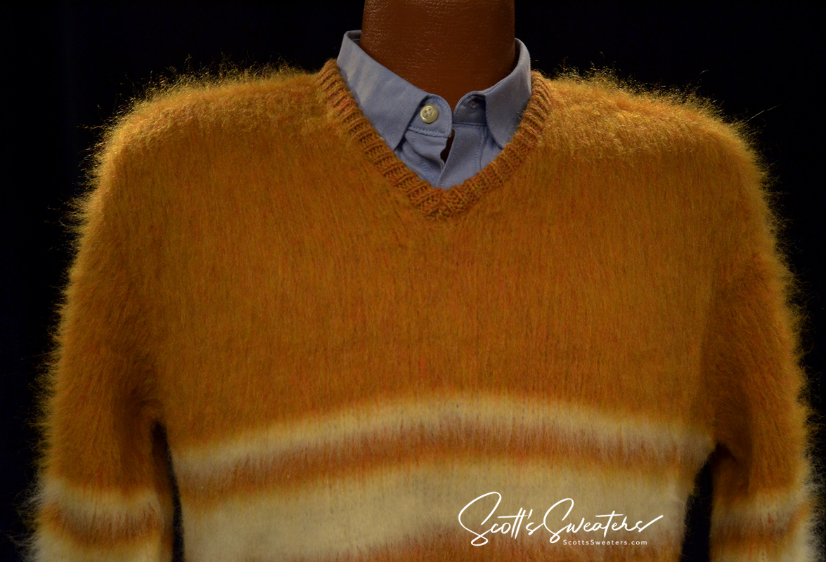 Golden retro classic brushed mohair V-neck sweater with white horizontal stripes