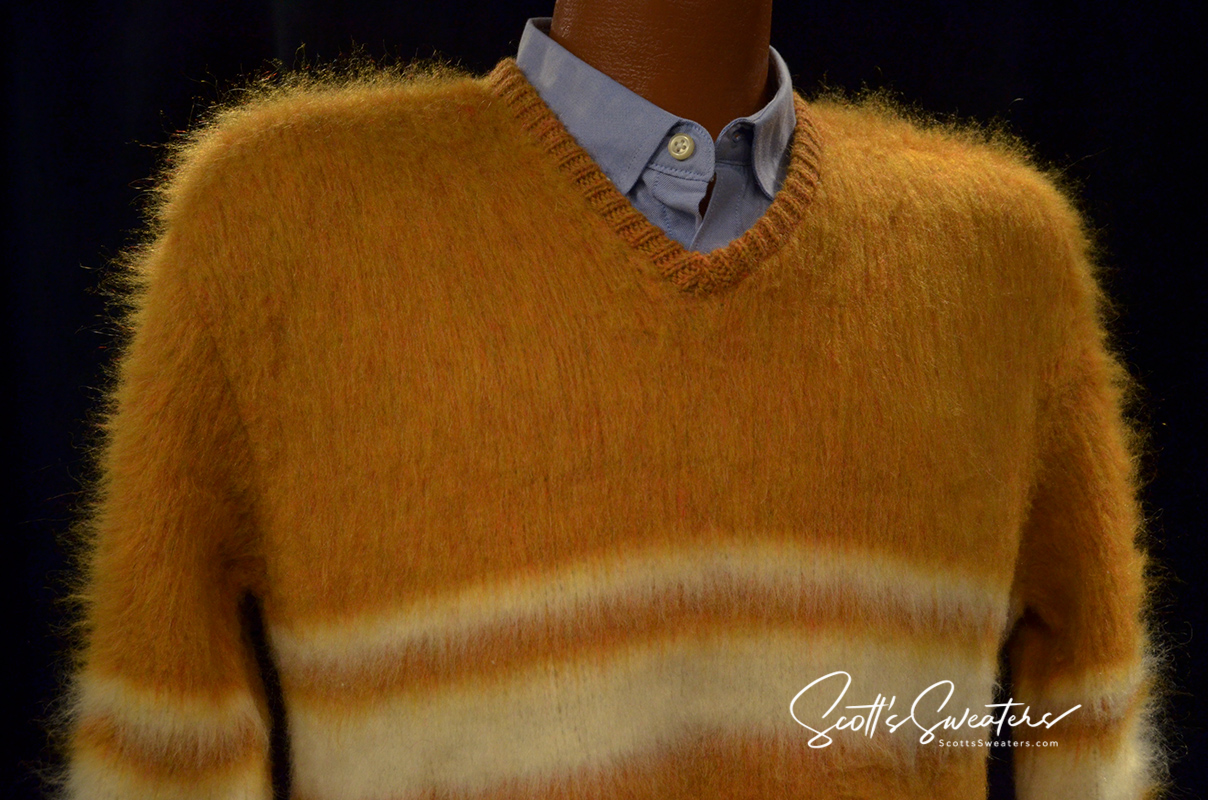 Golden retro classic mohair V-neck sweater with white horizontal stripes on mannequin
