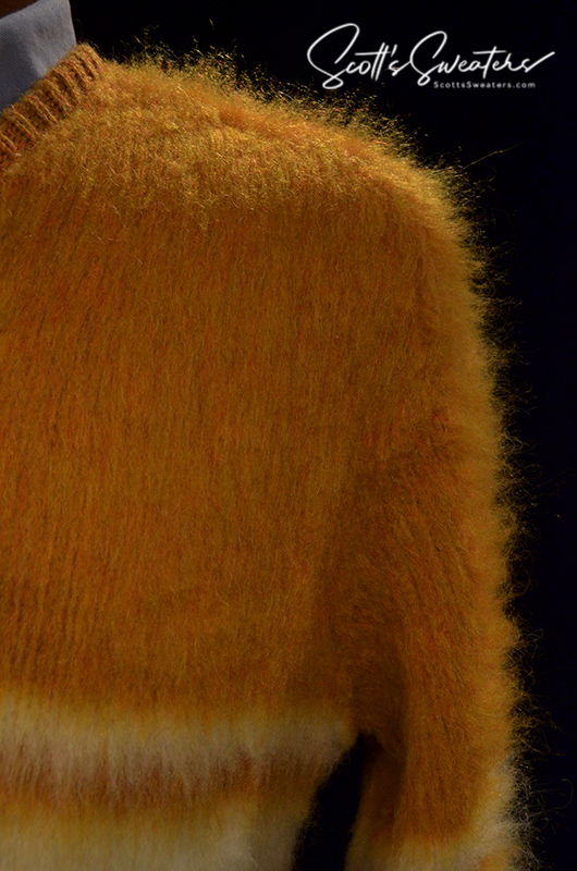 Golden retro classic golden mohair V-neck sweater with white stripes in small size