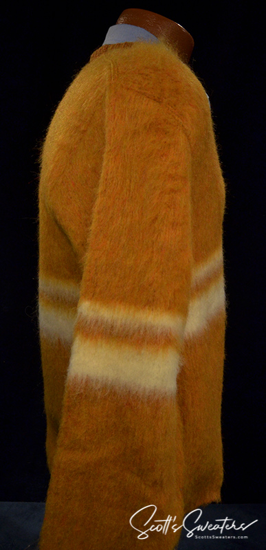 Golden retro classic mohair V-neck sweater with white horizontal stripes, size small