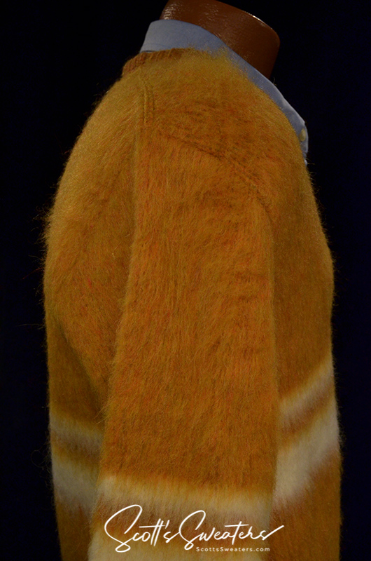 Golden retro classic mohair V-neck sweater with white horizontal stripes in small size