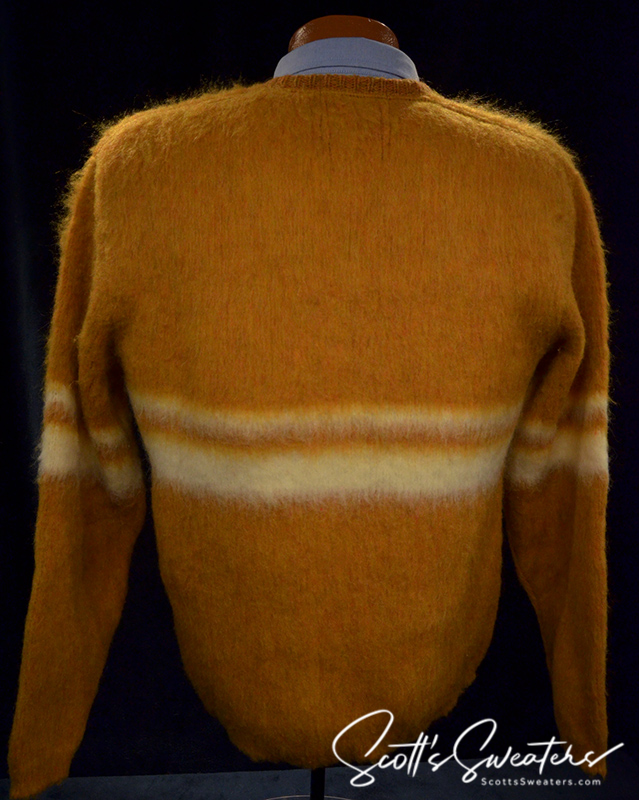Golden retro classic mohair V-neck sweater with white horizontal stripes back view