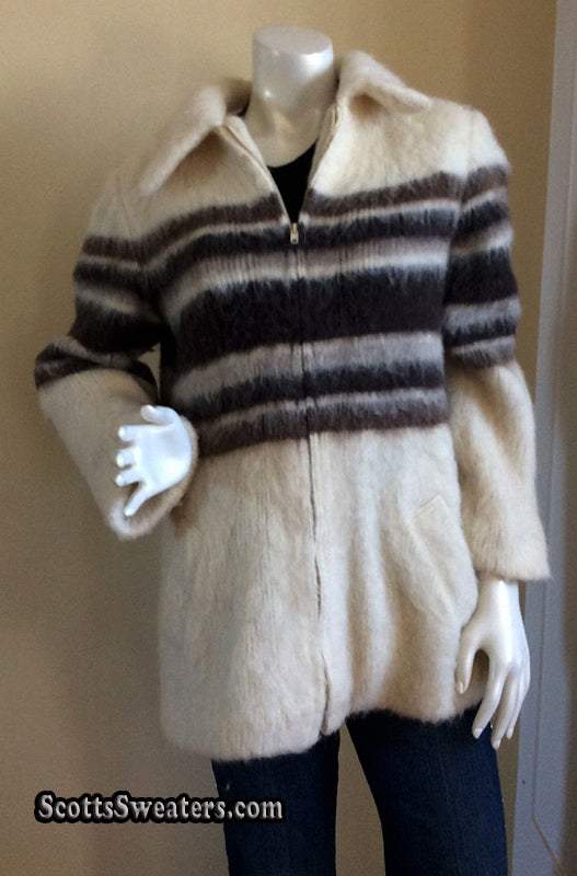 Woman's Icelandic wool tri-tone zipper-front coat with brown and grey stripes and front pockets by Hilda Ltd