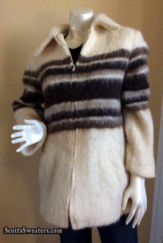 Woman's Icelandic wool tri-tone zipper-front coat with brown and grey stripes and front pockets by Hilda Ltd
