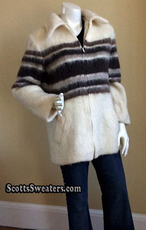 Ivory tri-tone Woman's Icelandic wool zipper-front coat with brown and grey stripes and front pockets by Hilda Ltd