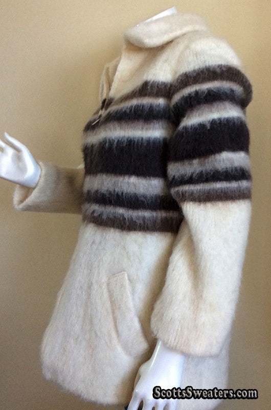 Ivory tri-tone Icelandic wool zipper-front coat with brown and grey stripes and front pockets for women