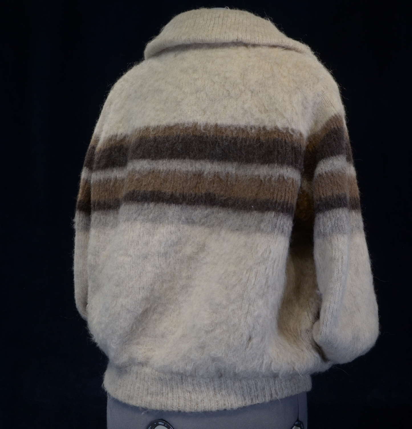Men's ivory Icelandic wool jacket with grey and brown stripes on chest and sleeves by Hilda Ltd.