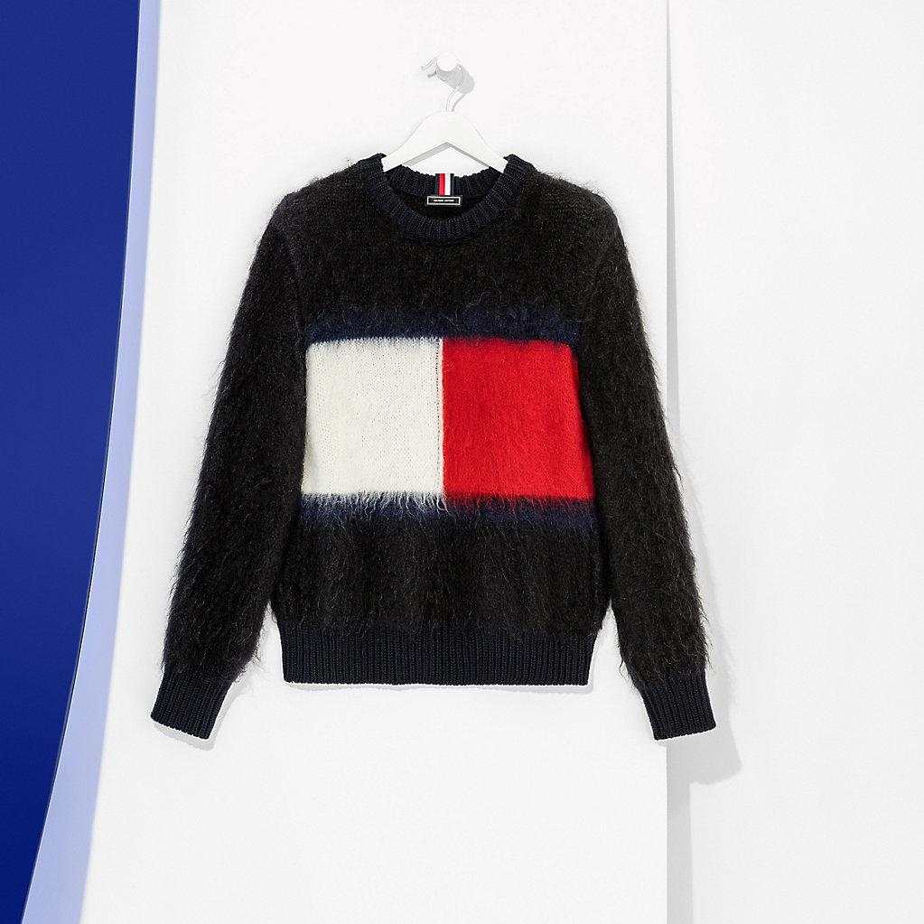 Black men's crewneck mohair sweater with large Tommy Hilfiger flag logo on chest