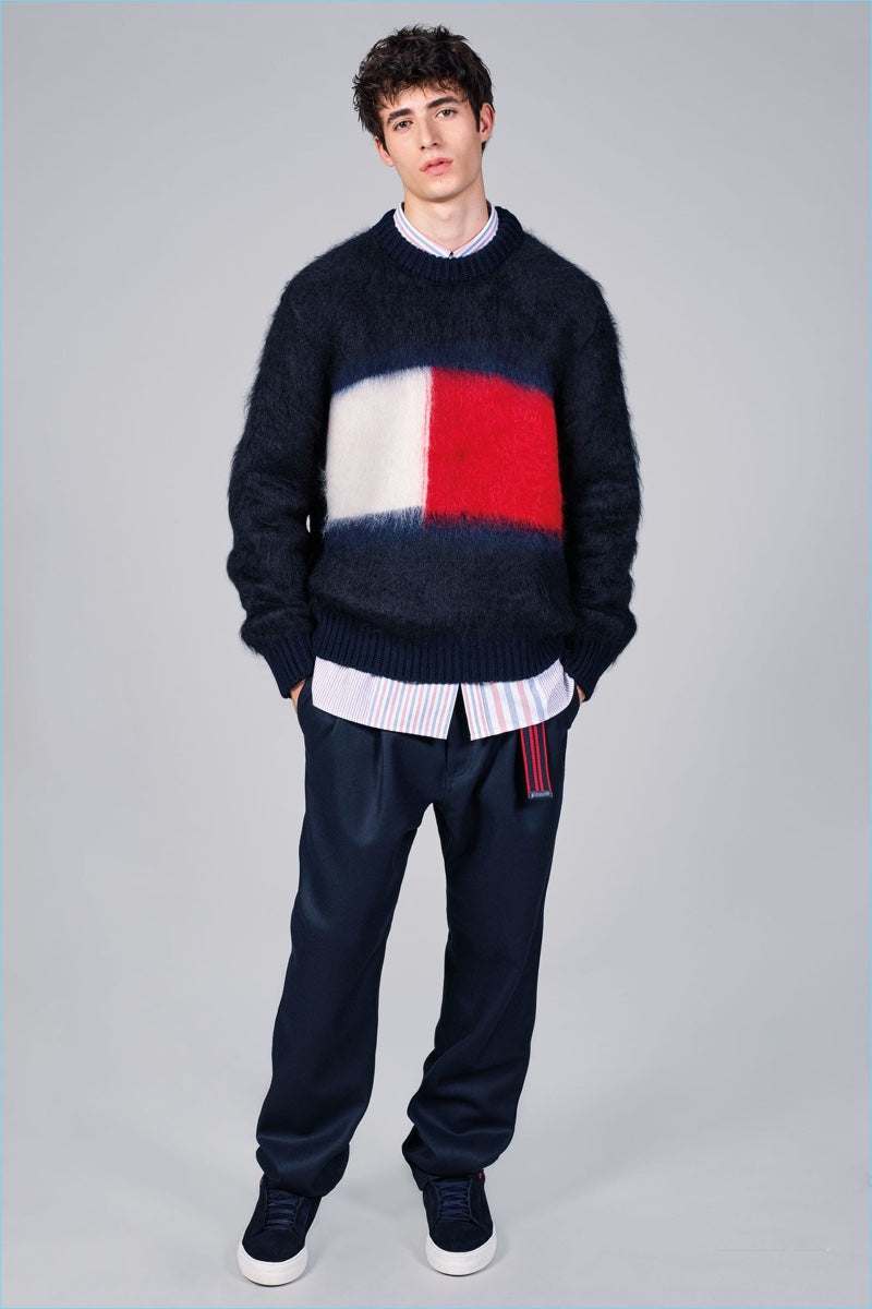 Men's black crewneck Tommy Hilfiger mohair sweater with large flag logo on chest