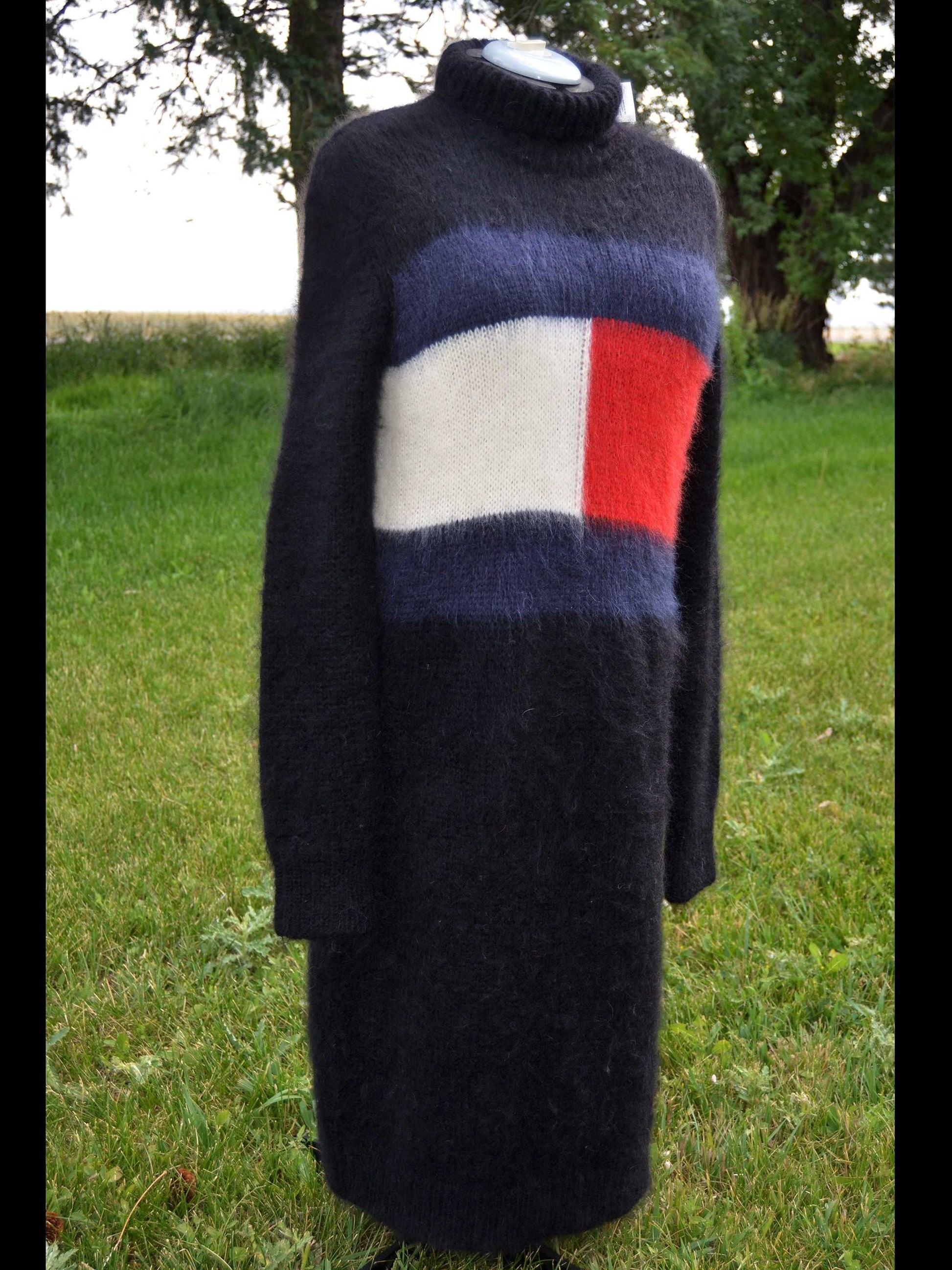 Woman's fuzzy mohair sweaterdress turtleneck in black with Tommy Hilfiger logo across the chest, full-length thick knit, size large.