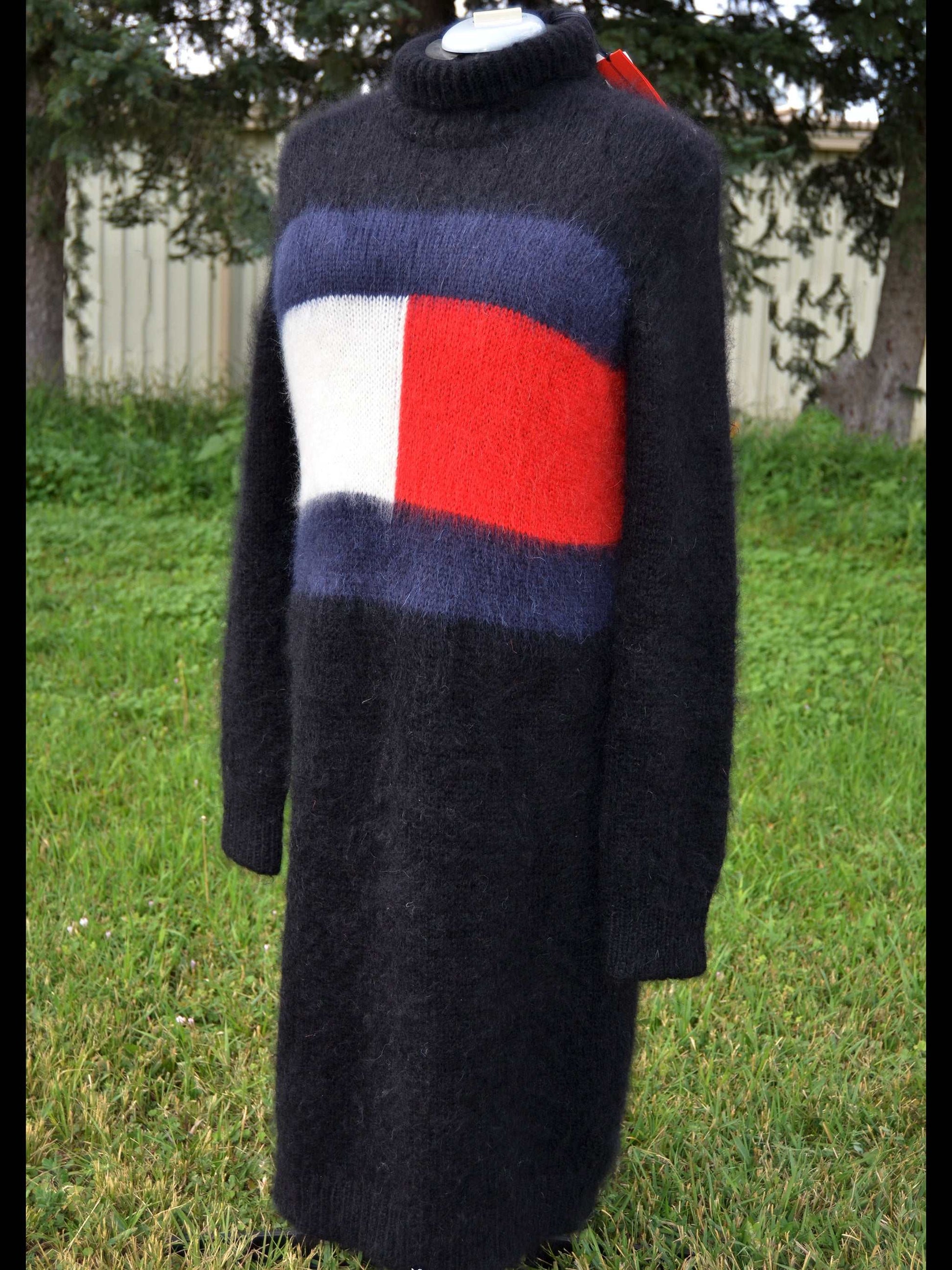 Woman's fuzzy mohair black sweaterdress with Tommy Hilfiger logo and turtleneck, full-length knit design