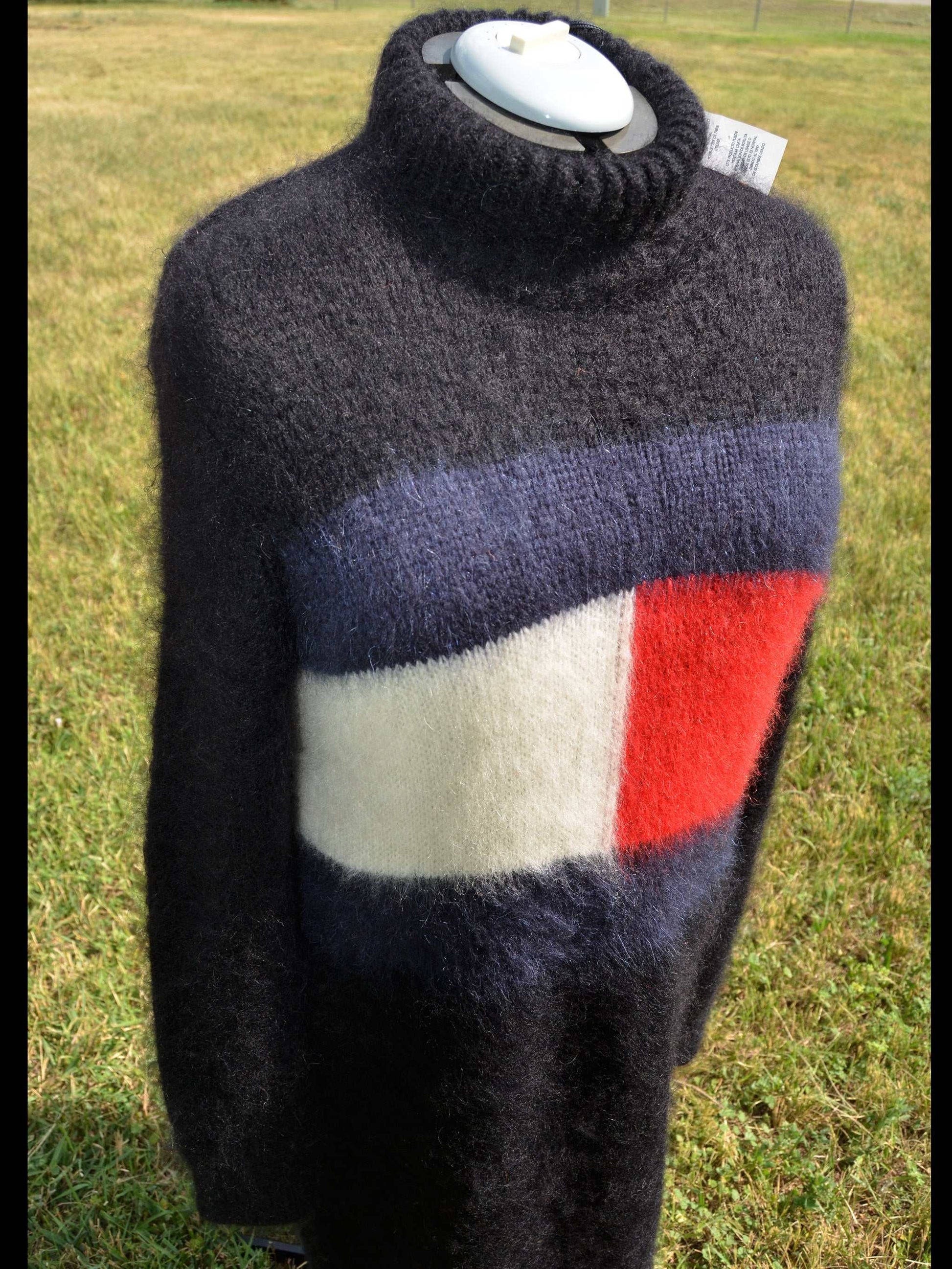 Woman's fuzzy black mohair sweaterdress with turtleneck and Tommy Hilfiger logo block design
