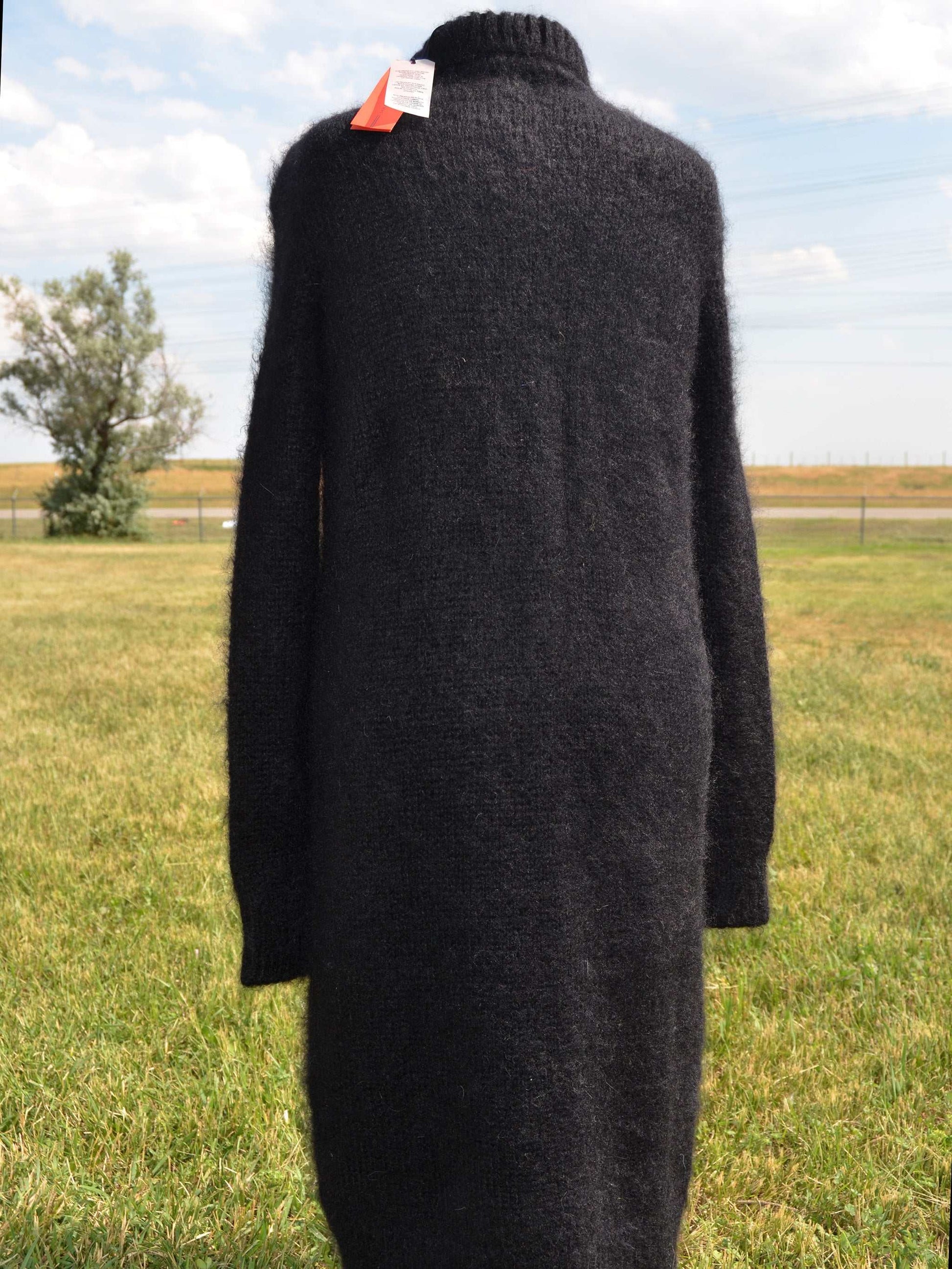 Woman's fuzzy black mohair sweaterdress with turtleneck by Tommy Hilfiger, full-length knit, size large