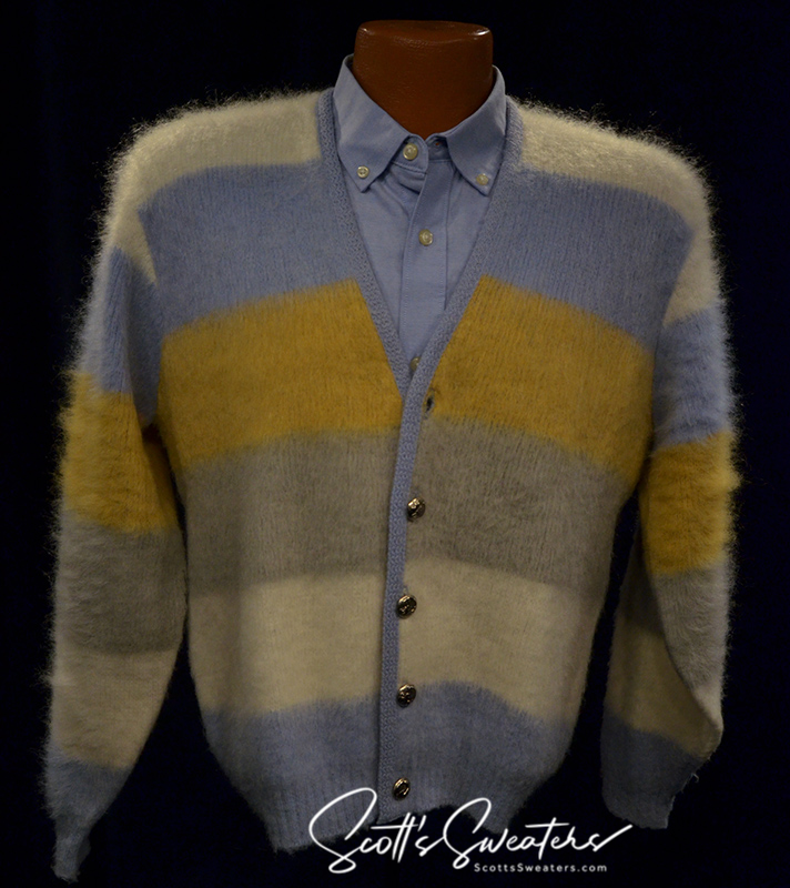 Four-color classic men's retro mohair cardigan sweater with white, blue, tan, and grey stripes and metal buttons by Puritan Sportswear