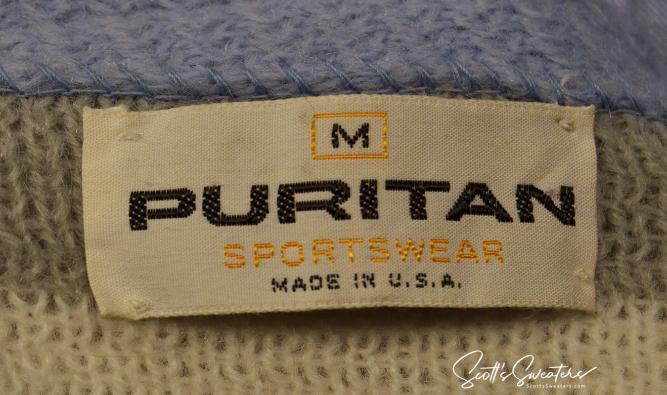 Puritan Sportswear label on a vintage Four-Color Classic Men's mohair cardigan sweater made in USA