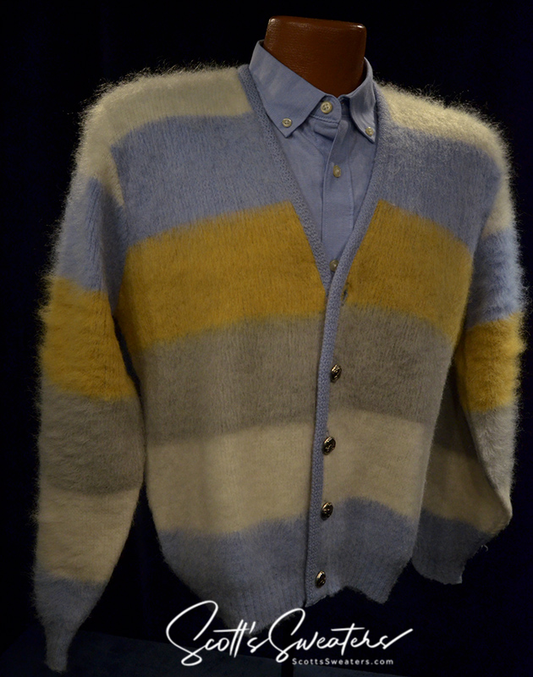 Four-color classic men's retro mohair cardigan sweater with white, blue, tan, and grey stripes and metal buttons on a mannequin