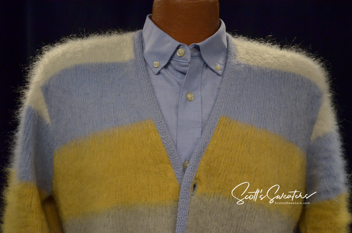 Four-color men's retro mohair cardigan sweater with white, blue, tan, and grey stripes and metal buttons.