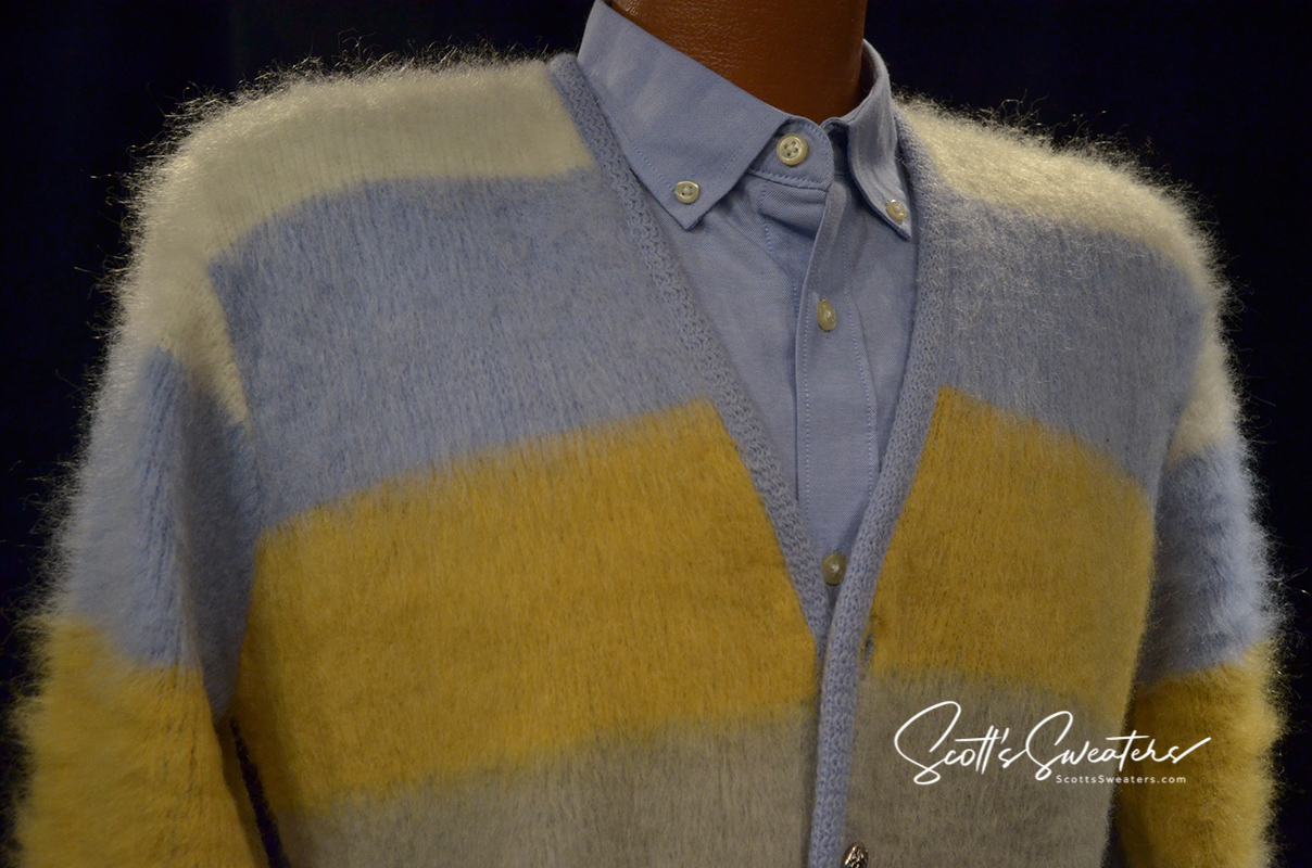 Four-color men's retro mohair cardigan sweater with white, blue, tan, and grey stripes and metal buttons