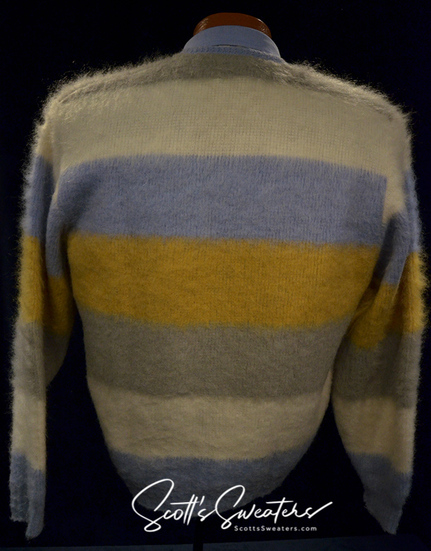 Four-color classic men's retro mohair cardigan sweater with white, blue, tan, and grey stripes, shown from the back.