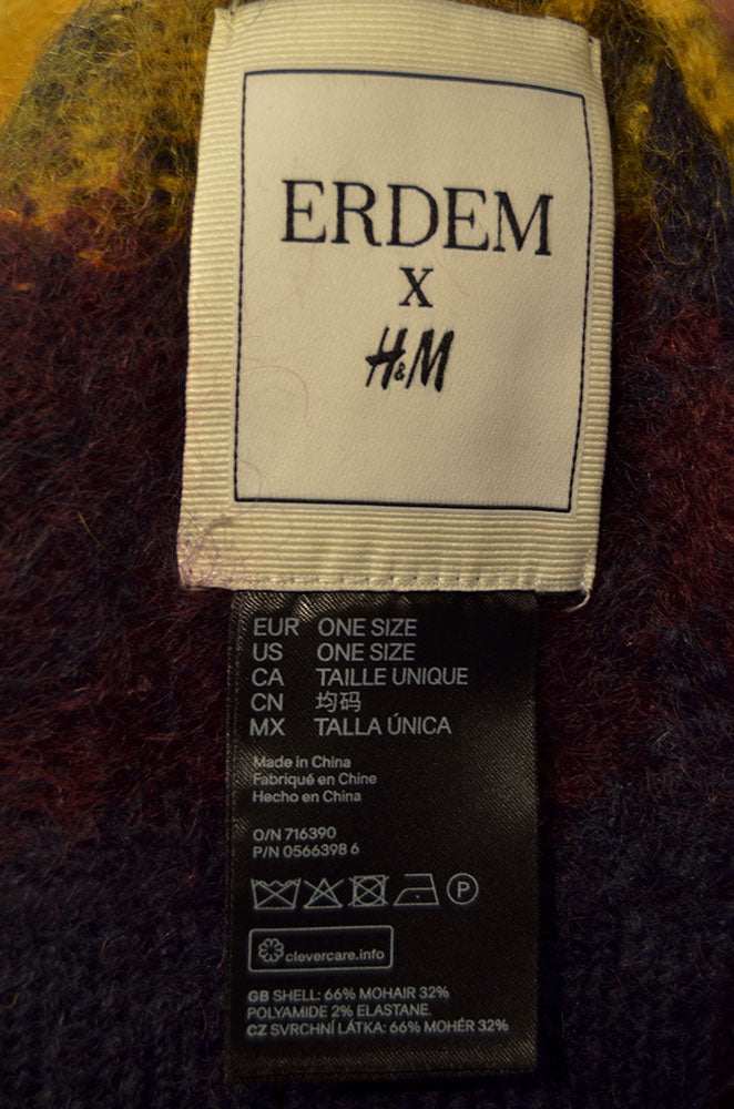Matching burgundy hat and scarf for men's mohair crewneck sweater collaboration Erdem x H&M