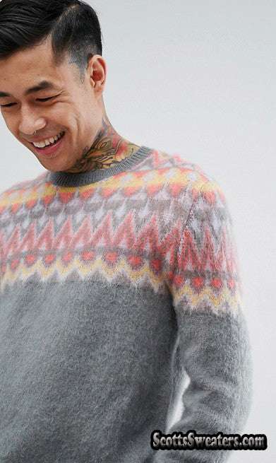 Men's Crewneck Mohair Sweater in Fair Isle Design
