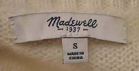 Madewell mohair color-block sweater label showing size small and made in China