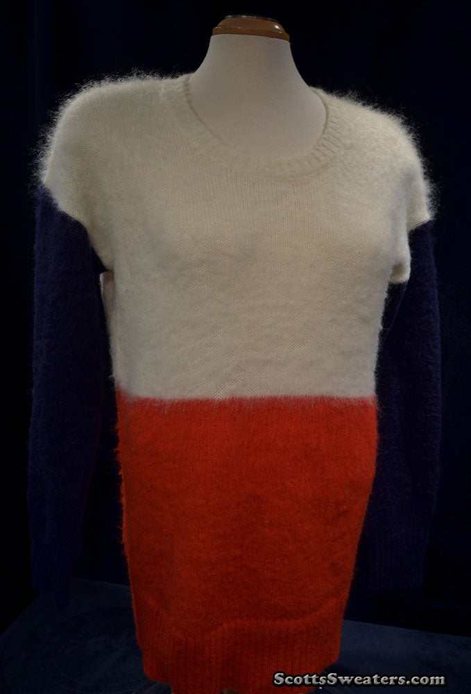 White, red, and navy color-block fuzzy mohair sweater with round neck and long sleeves