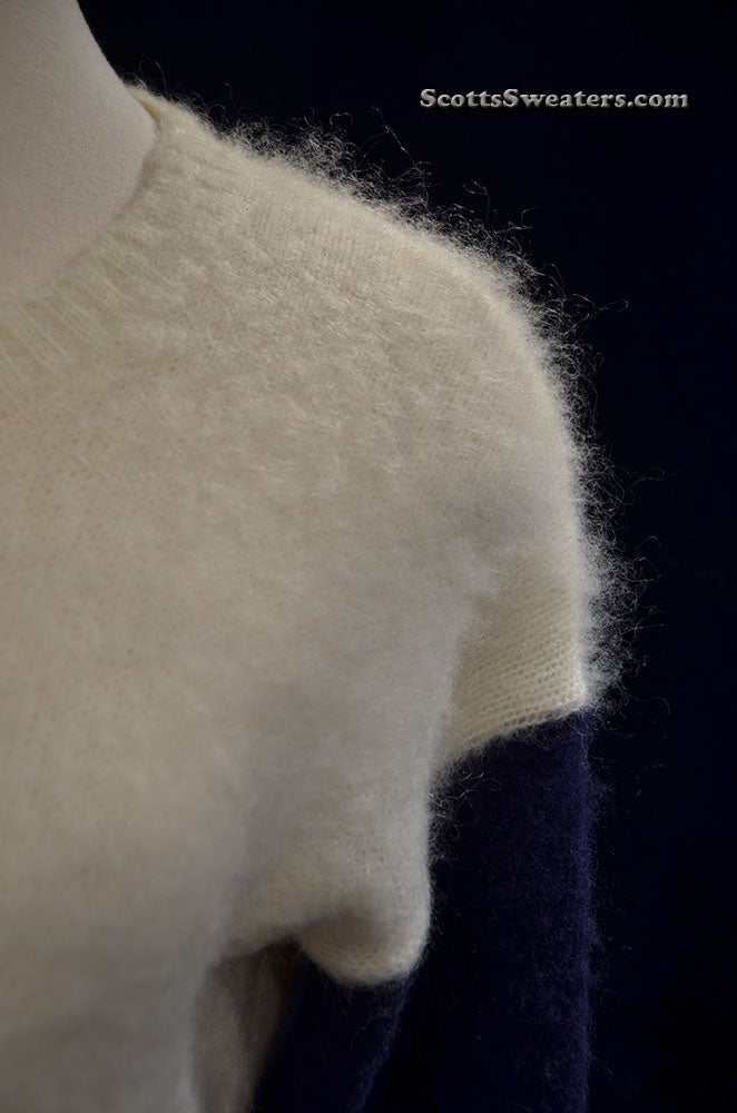 White, red, and navy color-block fuzzy roundneck mohair sweater by Madewell in small-medium size
