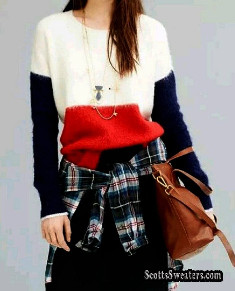 White, red, and navy color-block fuzzy mohair sweater with round neck, styled with a plaid shirt and brown handbag