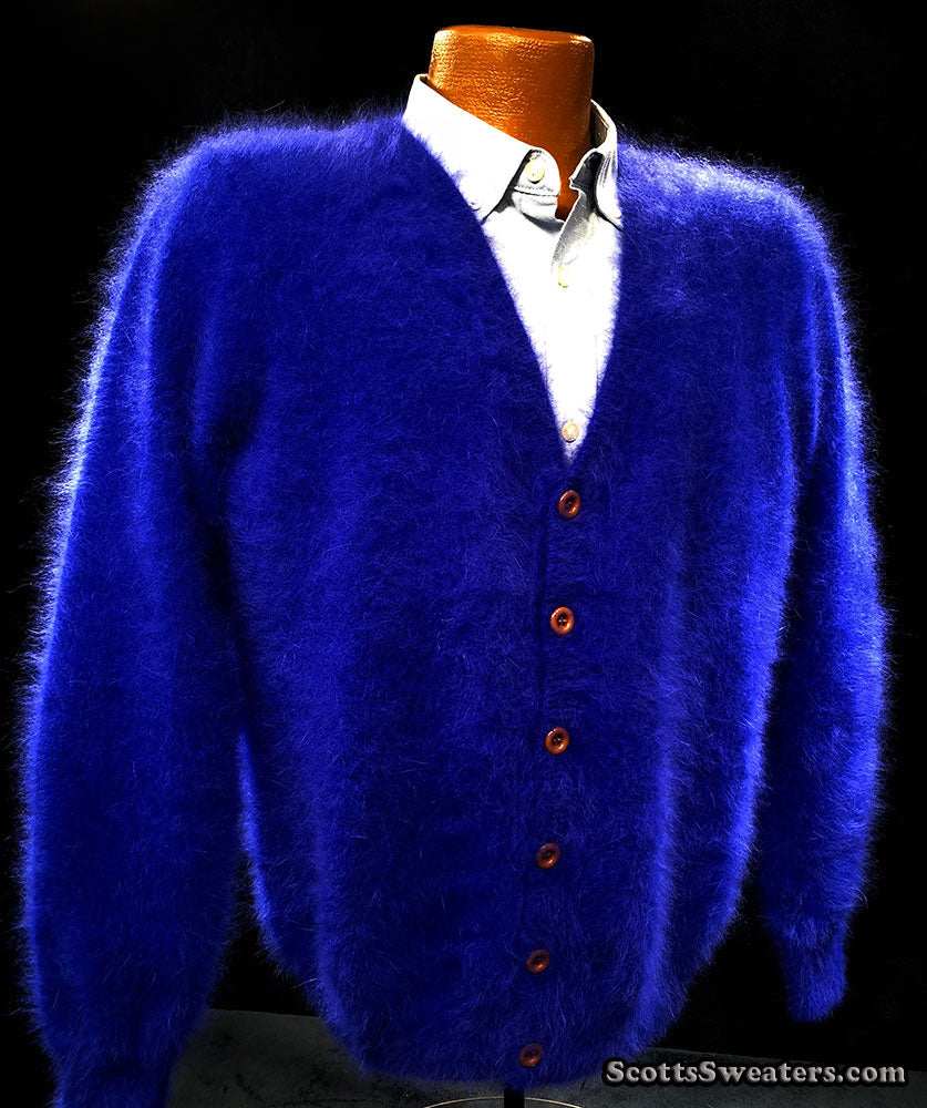 Men's ultra-soft angora cardigan sweater in vibrant blue with buttons