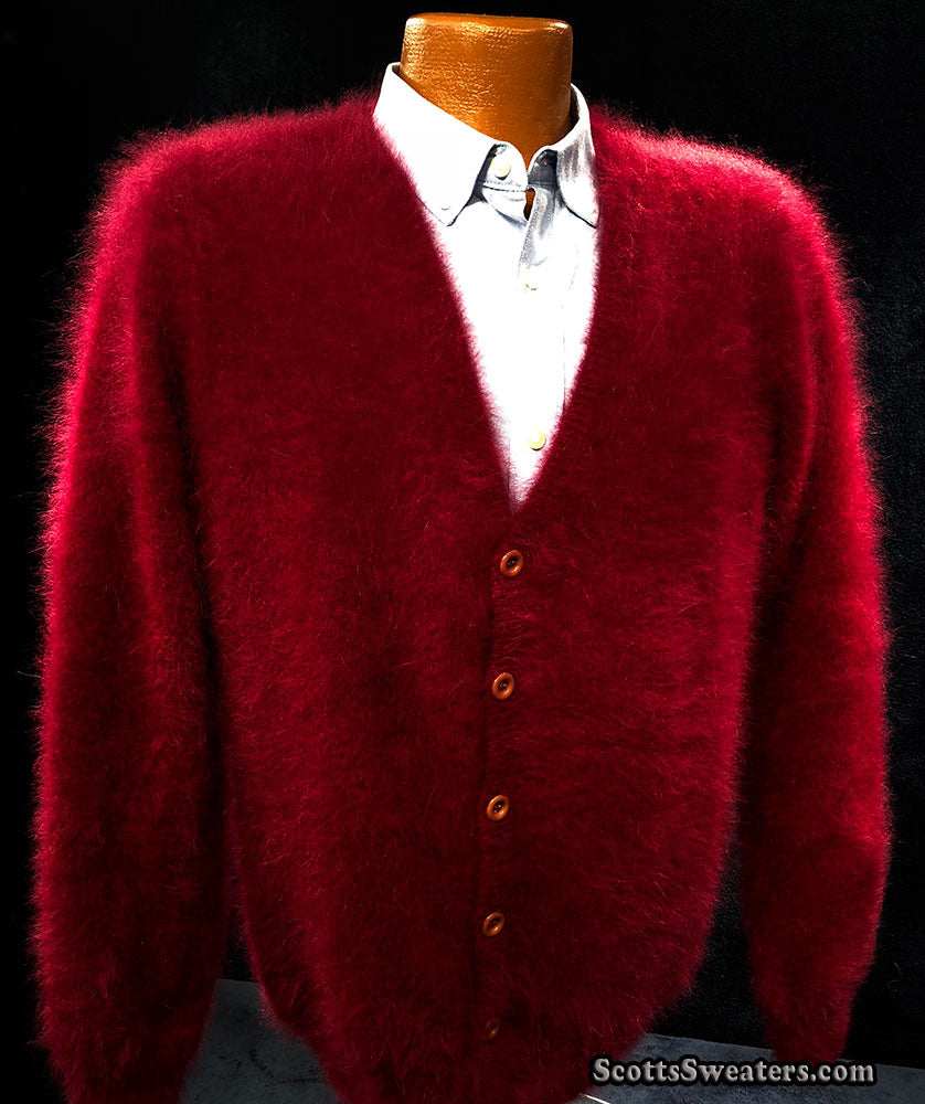 Men's ultra-soft angora cardigan sweater in deep red with buttons over white shirt