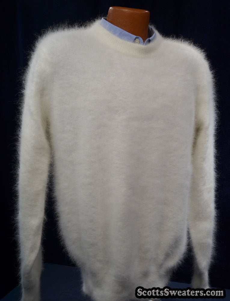 Men's ultra-soft white angora crewneck sweater on mannequin