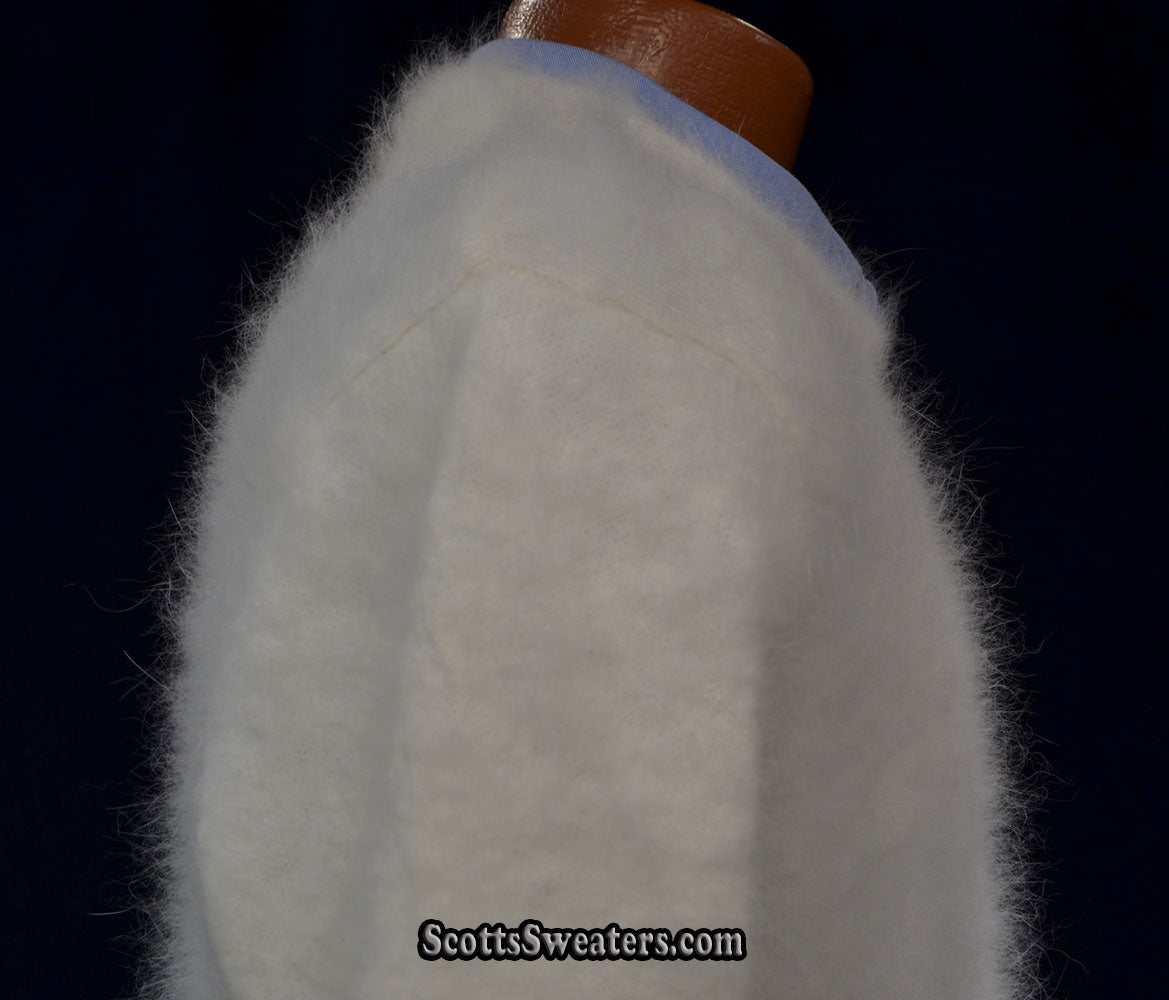 Men's ultra-soft white angora crewneck sweater on mannequin with blue collar