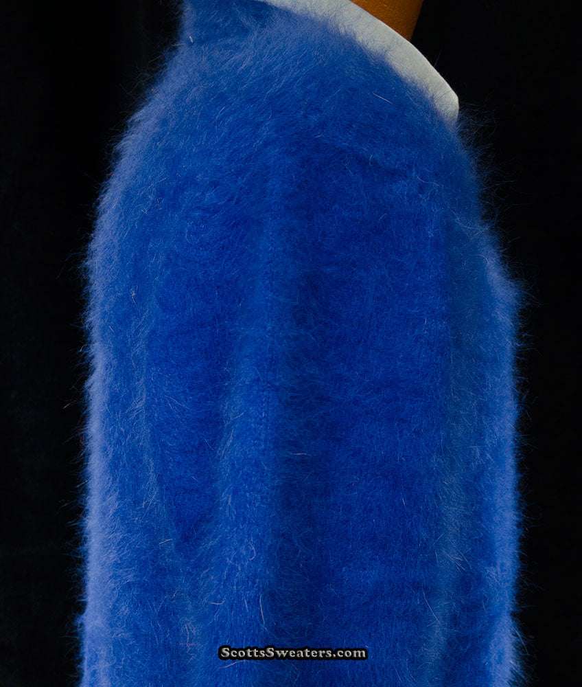 Men's ultra-soft blue angora crewneck sweater with a luxurious fuzzy texture