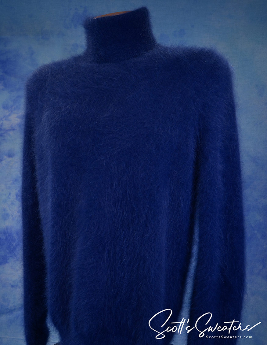 Men's ultra-soft angora blue turtleneck sweater with plush texture on mannequin against blue backdrop