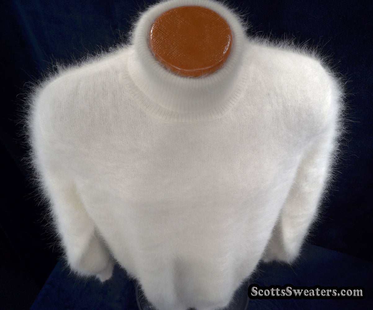 Men's ultra-soft white angora turtleneck sweater on mannequin