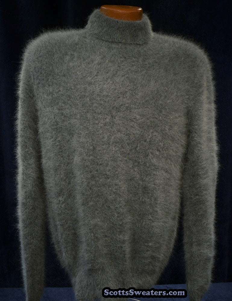 Men's ultra-soft angora gray turtleneck sweater displayed on mannequin