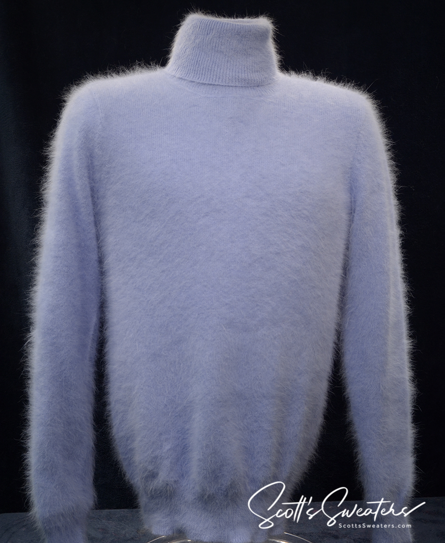 Men's ultra-soft angora turtleneck sweater in light lavender color with long sleeves and ribbed cuffs.