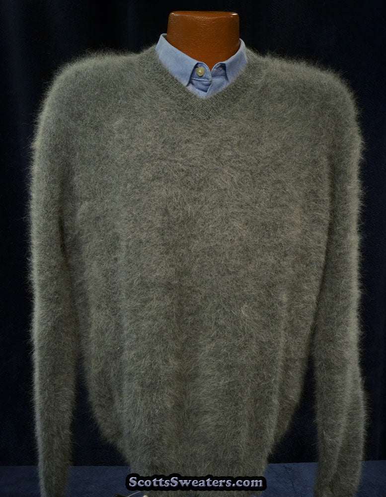 Men's ultra-soft angora V-neck sweater in gray displayed on a mannequin