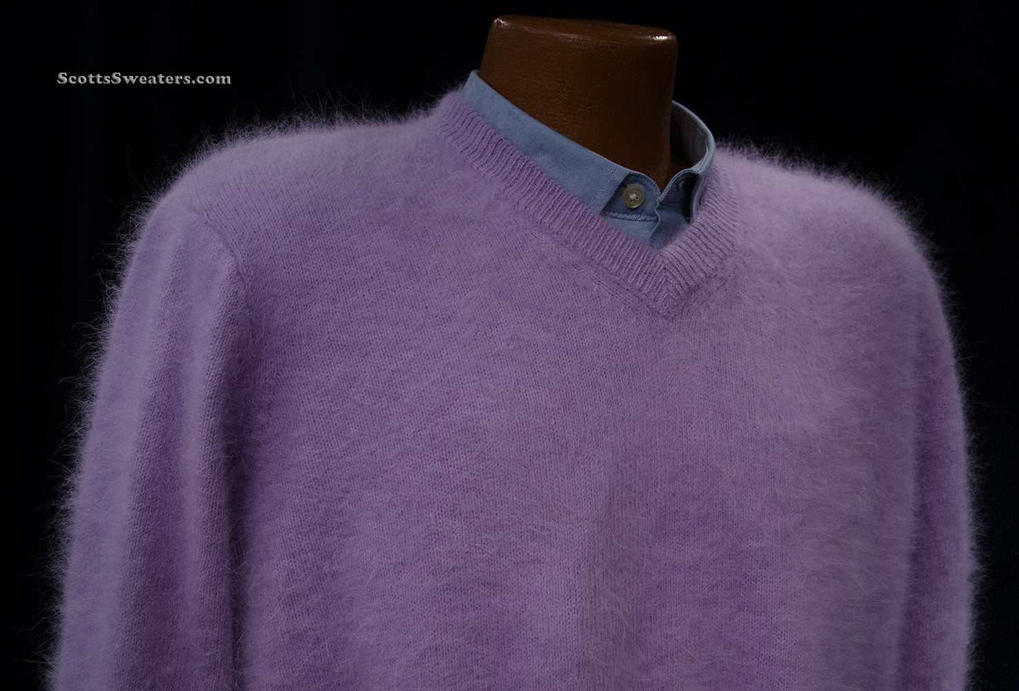 Men's ultra-soft angora V-neck sweater in light purple shown on mannequin with shirt collar