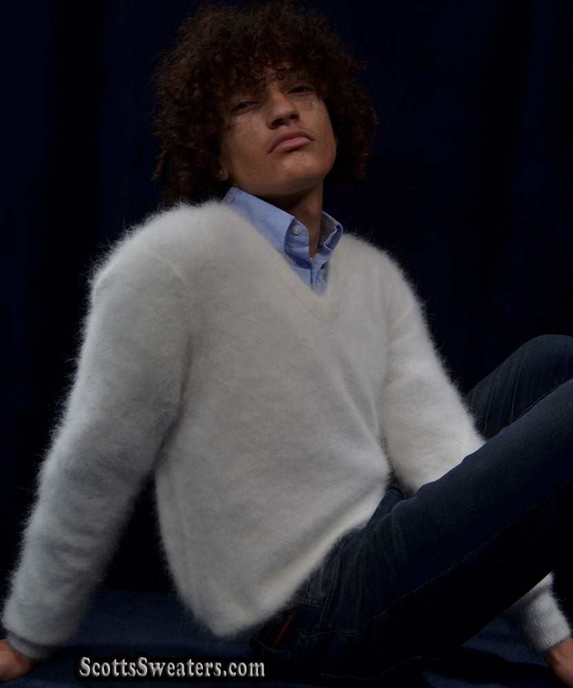 Men's ultra-soft angora V-neck sweater in white worn by model