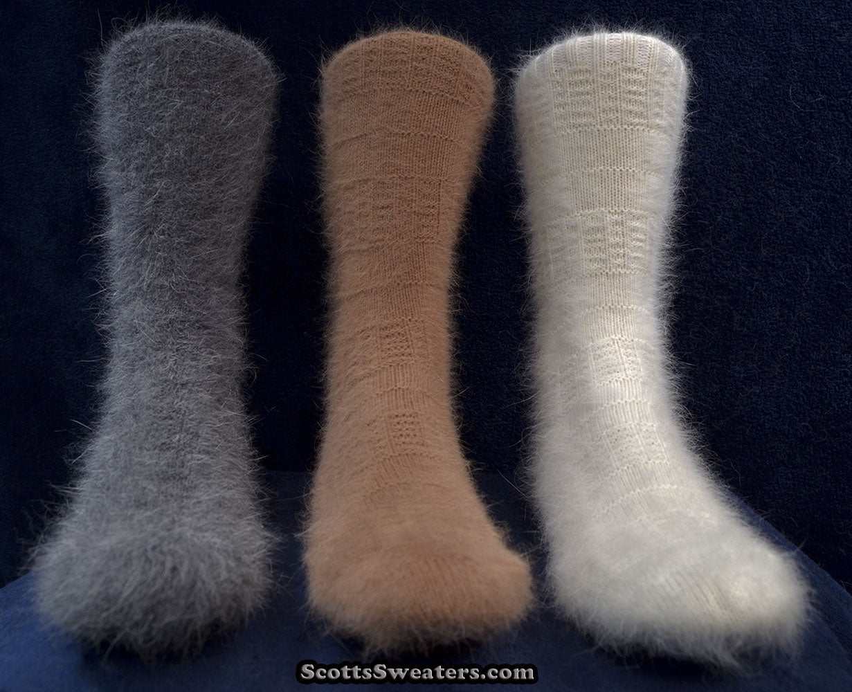 Soft angora dress socks for men in gray, brown, and white colors, made with 70% angora fibers and added spandex for stretch and comfort.