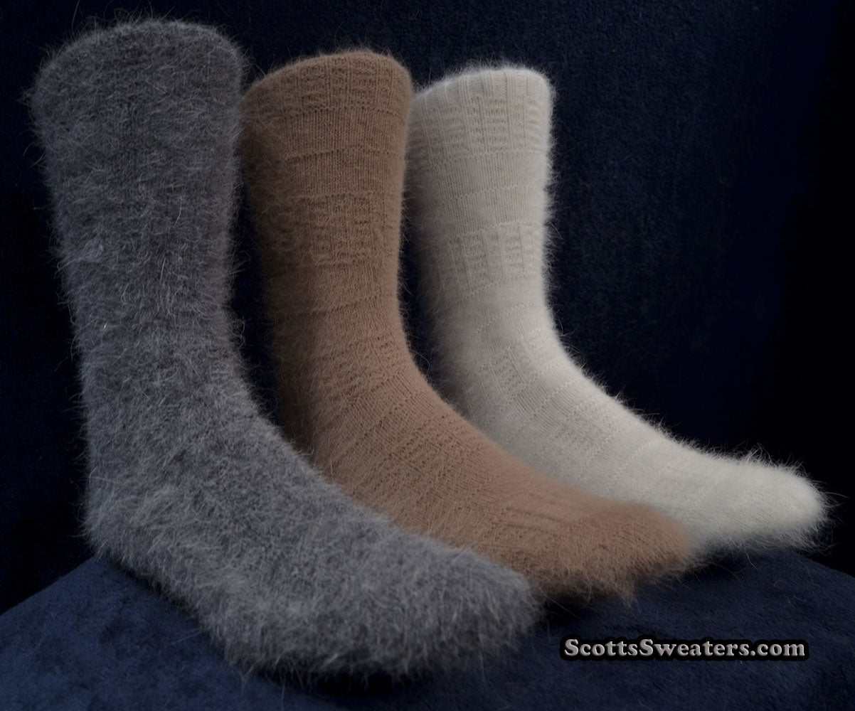 Soft men's angora dress socks in gray, brown, and white with a cozy, fuzzy texture